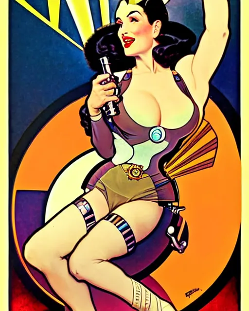 Image similar to a retro future science fiction pinup illustration of dita von teese, alphonse mucha, alberto vargas, gil elvgren, diesel punk.