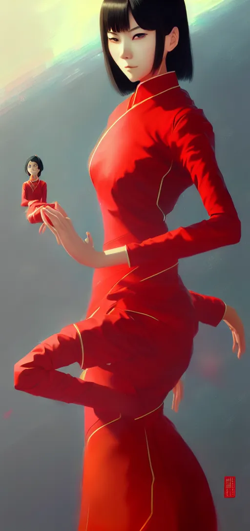 Image similar to a ultradetailed beautiful panting of a asian female wearing red ao dai and futuristic eye google, by ilya kuvshinov, greg rutkowski and makoto shinkai, trending on artstation