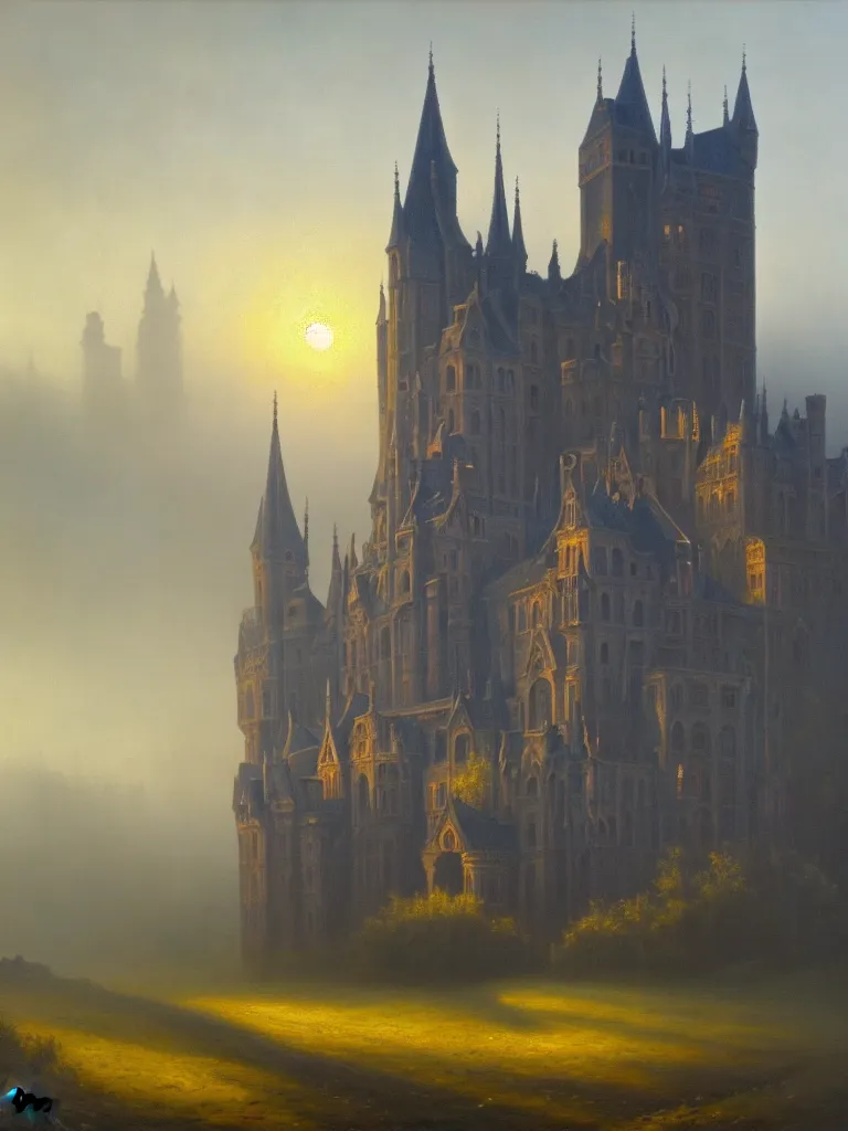 Prompt: a gothic castle in morning's sunlight, mist and dew. 8 k, oil on canvas, hyperdetailed