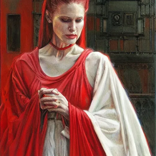 Image similar to priestess wearing white and red, by donato giancola.