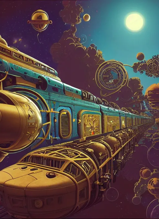 Prompt: a steampunk train in space at warp speed by paolo eleuteri serpieri and tomer hanuka and chesley bonestell and daniel merriam and tomokazu matsuyama, unreal engine, high resolution render, featured on artstation, octane, 8 k, highly intricate details, vivid colors