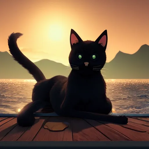 Image similar to a wholesome animation key shot of a black cat! on a boat! close to the shore in the night, medium shot, studio ghibli, pixar and disney animation, sharp, rendered in unreal engine 5, anime key art by greg rutkowski, bloom, dramatic lighting