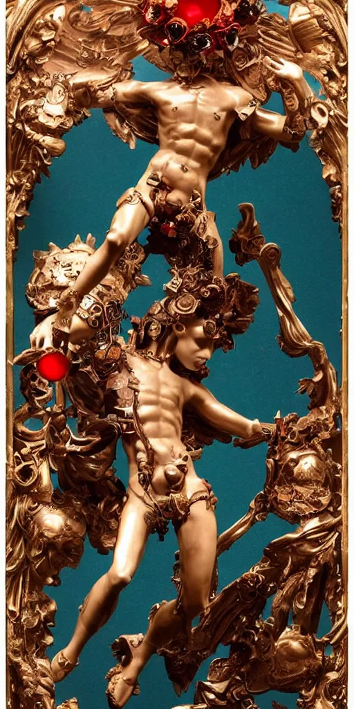 Image similar to a young handsome Spanish metal and porcelain android with a large glowing red lit gem in the center of his chest, full-body bronze cyberpunk style statue of Icarus with glowing p eyes, crown of mechanical peach roses, flowing teal-colored silk, fabric, steampunk flowers. baroque elements, human skull. full-length view. baroque element. intricate artwork by caravaggio. many flying horses on background. Trending on artstation, octane render, cinematic lighting from the right, hyper realism, octane render, 8k, depth of field, 3D