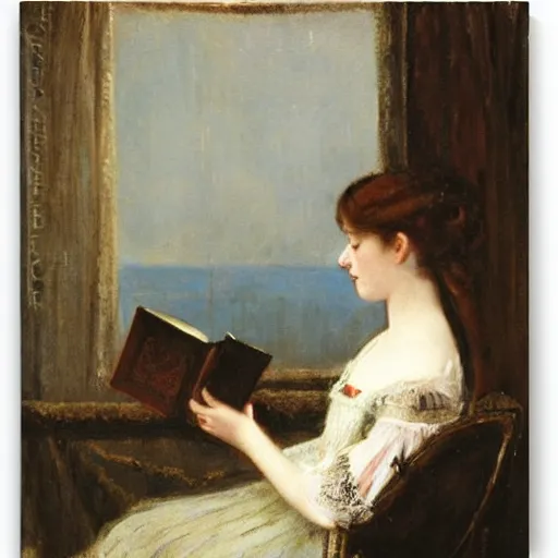 Prompt: young victorian woman in a castle reading a horror book by alfred stevens