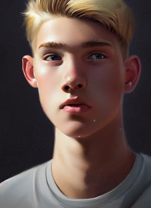 Image similar to portrait of a teenage boy named moose mason, blonde short hair, jock, beefy, square jaw, square facial structure, 1 9 5 0 s, intricate, elegant, glowing lights, highly detailed, digital painting, artstation, concept art, smooth, sharp focus, illustration, art by wlop, mars ravelo and greg rutkowski