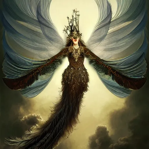 Image similar to feathered bird, covered in feathers, wings, flying, surreal, fantasy, intricate, elegant, dramatic lighting, emotionally evoking symbolic metaphor, highly detailed, lifelike, photorealistic, digital painting, artstation, concept art, smooth, sharp focus, illustration, art by John Collier and Krenz Cushart and Artem Demura and Alphonse Mucha and Albert Aublet