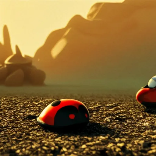 Image similar to promotional still wide angle, a mountain - sized ladybug roams a barren wasteland, dramatic lighting, ( e. t. the extra - terrestrial ), batteries not included, harry potter, octane 3 d render, imax, 7 0 mm.