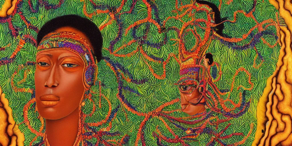 Prompt: very high resolution image. a beautiful tropical landscape, portrait of a spiritual ancestor. 2 4 mm, photorealistic, abstract, directed by mati klarwein