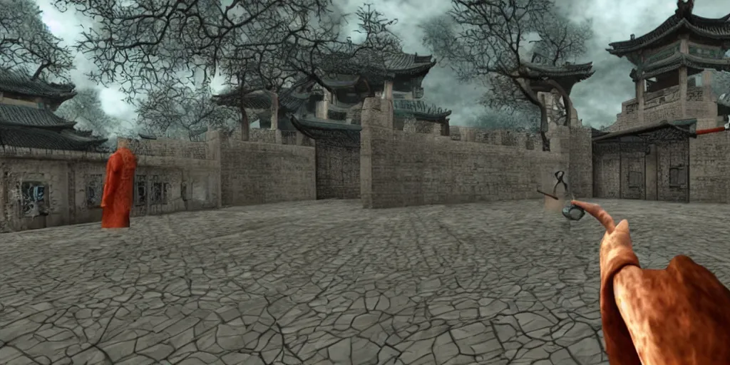 Prompt: PS1 horror game set in Ancient China, gameplay screenshot, first-person POV