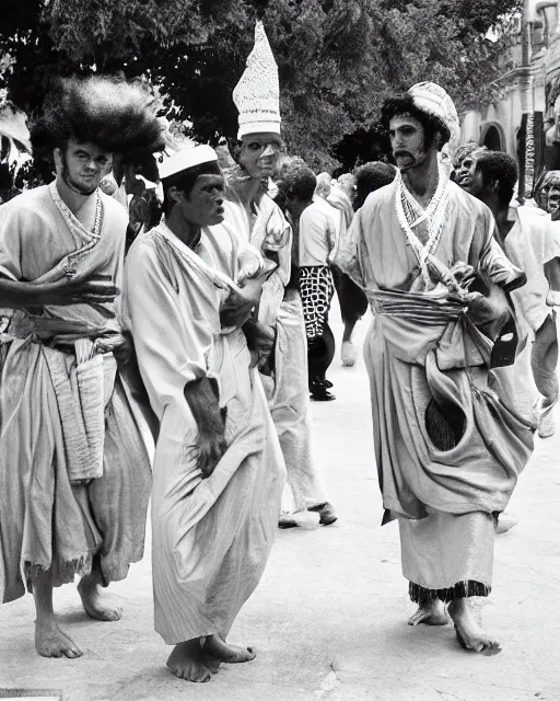 Image similar to Award winning reportage photo of Monegasque Natives with incredible hair wearing traditional garb by Garry Winogrand and Dian Arbus, 85mm ND 5, perfect lighting, gelatin silver process