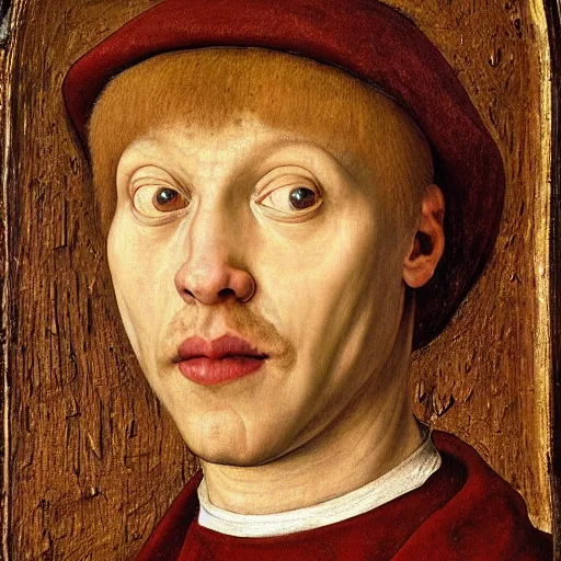 Prompt: portrait of an actor in the role of the frog with a human heart, oil painting by jan van eyck, northern renaissance art, oil on canvas, wet - on - wet technique, realistic, expressive emotions, intricate textures, illusionistic detail
