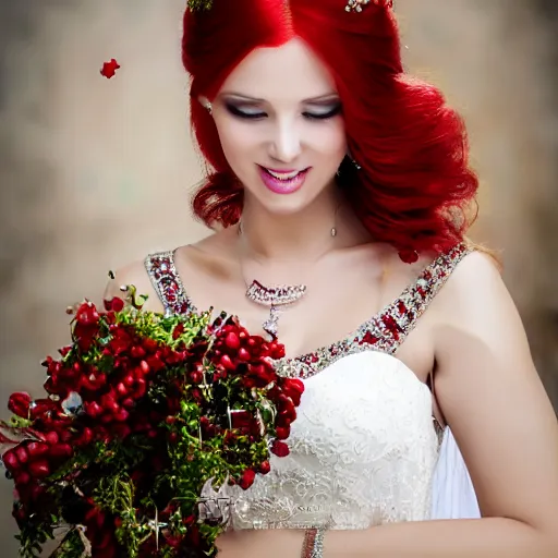 Prompt: shy girl with sweeping red hair in wedding dress with beads, realistic facial features