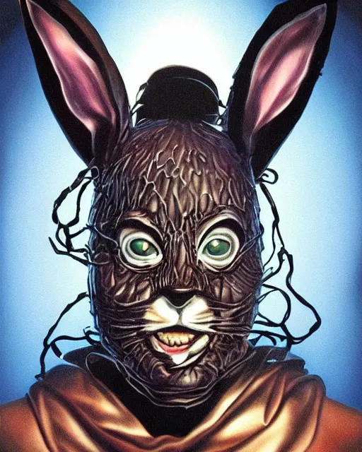 Prompt: frank halloween rabbit mask in donnie darko, airbrush, drew struzan illustration art, key art, movie poster