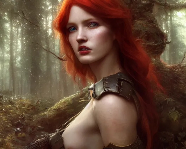 Image similar to 5 5 mm portrait photo of an armored gorgeous aesthetic redhead woman warrior, in a magical forest. fantasy atmosphere. art by greg rutkowski. highly detailed 8 k. intricate. lifelike. soft light. nikon d 8 5 0.