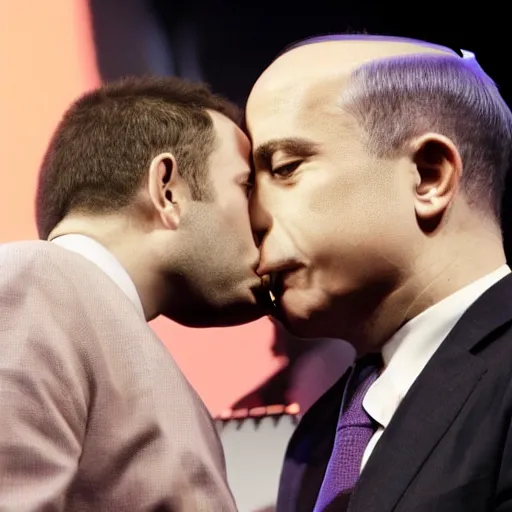 Image similar to benjamin netanyahu kissing naftali bennet, realistic, detailed