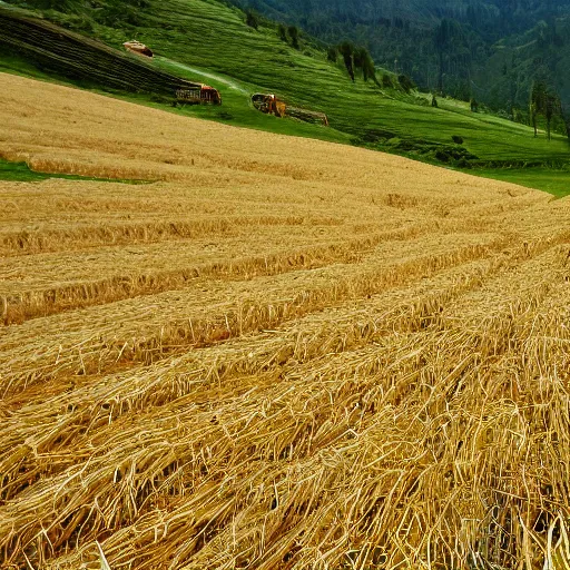 Prompt: field of hay, slopes down away from viewpoint, a river in valley