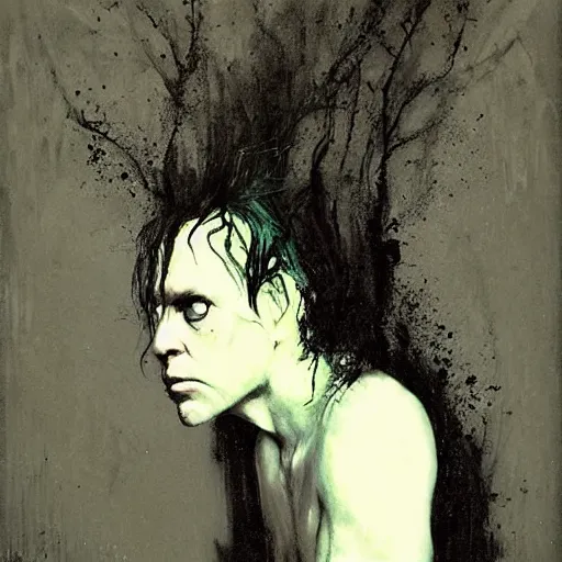 Prompt: gaunt ( the cure fan ) as dream from sandman, dim stars as eyes, by jeremy mann, by cedric peyravernay, by ben templesmith, by dave mckean and ben templesmith, by richard avedon, dramatic lightning, sadness, dark eye sockets, in the shadows, punk rock, gothic, high detailed, 8 k