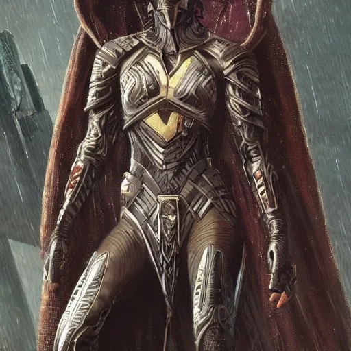 Image similar to wakandan warrior with cyberpunk and steampunk style armor wearing a long hooded cloak that is a bit torn, ultra realistic, concept art, intricate details, eerie, horror, highly detailed, photorealistic, octane render, 8 k, unreal engine. art by artgerm and greg rutkowski and alphonse mucha