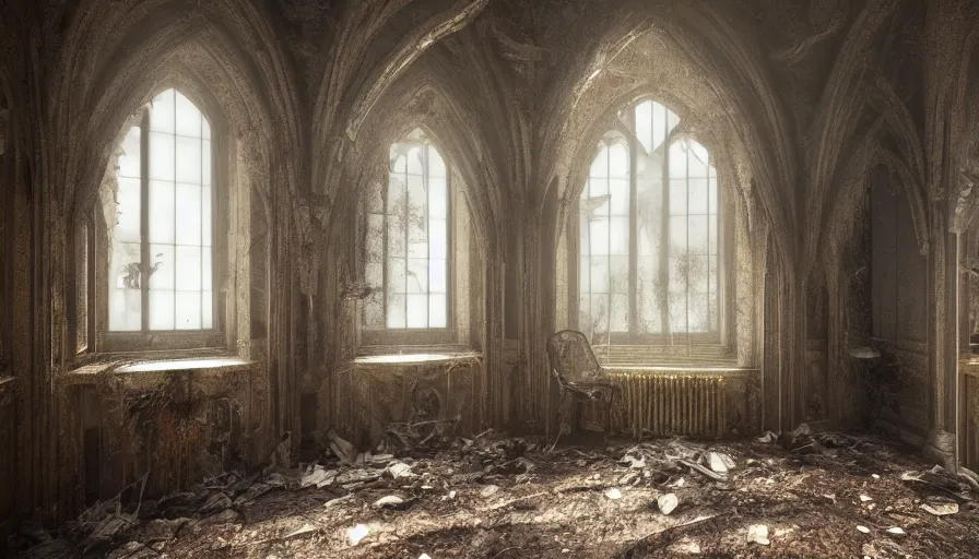 Prompt: interior of an abandoned neo - gothic manor's bed room with lot of cobwebs, dusty ground with dirt, light trough windows, collapsed ceiling, hyperdetailed, artstation, cgsociety, 8 k