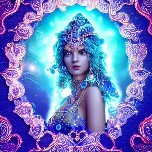 Image similar to photo of princess of sapphire, sad, glowing, ornate and intricate blue jewelry, jaw dropping beauty, glowing background lighting, blue accent lighting, hyper detailed, 4 k octane render