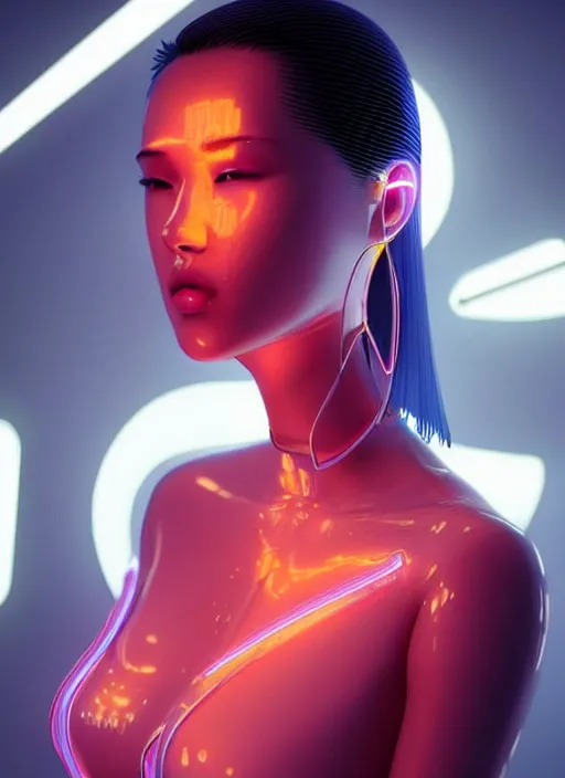 Image similar to a beautiful oriental female humanoid with freckled cheeks, cyber neon lighting, futurism, intricate futuristic jewelry accessories, cyberpunk glossy white latex swimsuit, profile posing, hyper photorealistic, crispy quality, digital photography, trending in artstation, trending in pinterest, cinematic, 4 k ultra hd, art by pascal blanche, art by greg rutkowski,