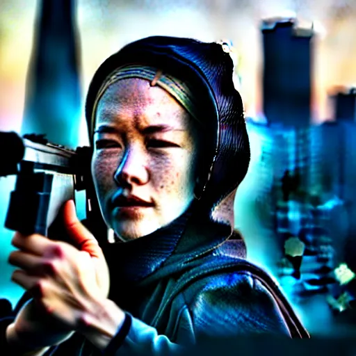 Image similar to photographic portrait of a techwear woman holding a shotgun, holding shotgun down, closeup, on the rooftop of a futuristic city at night, sigma 85mm f/1.4, 4k, depth of field, high resolution, full color, award winning photography, inspired by Kill Bill, inspired by John Wick, inspired by Die Hard, movies with guns, movie firearms