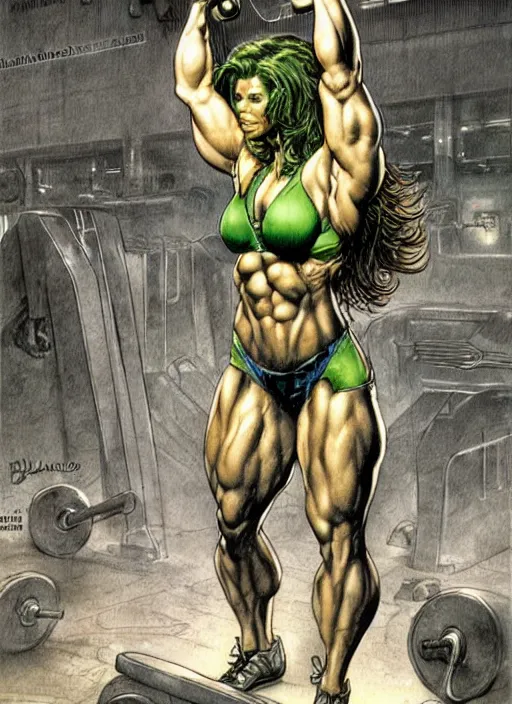Prompt: jessica biel as she - hulk lifting barbell in overhead press. green skinned, muscular, bodybuilding woman, wheyfu. illustration luis royo, boris vallejo, detailed, realistic