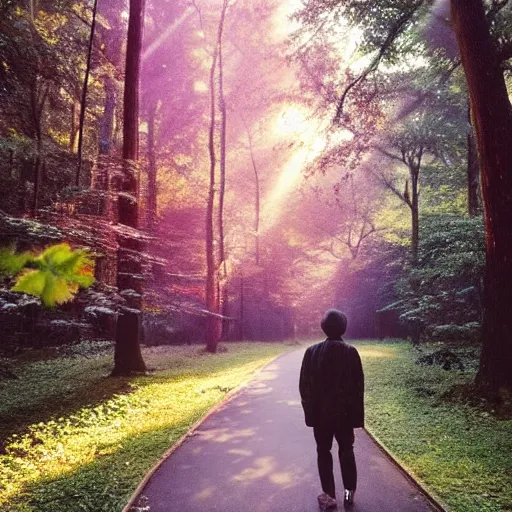 Image similar to 1 9 9 0 s candid 3 5 mm photo of a beautiful forest in tokyo, cinematic lighting, cinematic look, golden hour, the clouds are epic and colorful with cinematic rays of light, a man walks down the center of the forest with a beanie on, photographed by petra collins, uhd