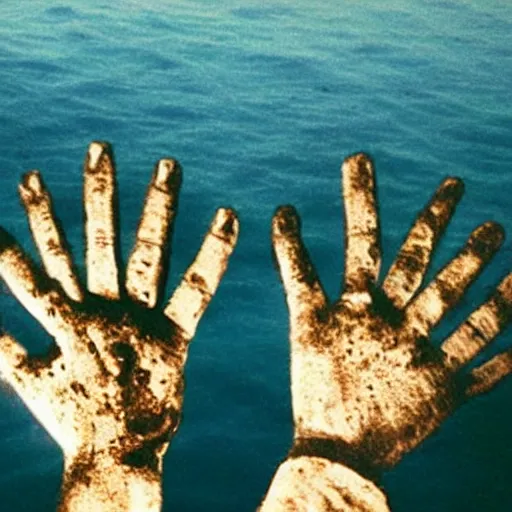 Image similar to stranded ship, hands reaching up from the sea, creepy, deep blue sea, dread