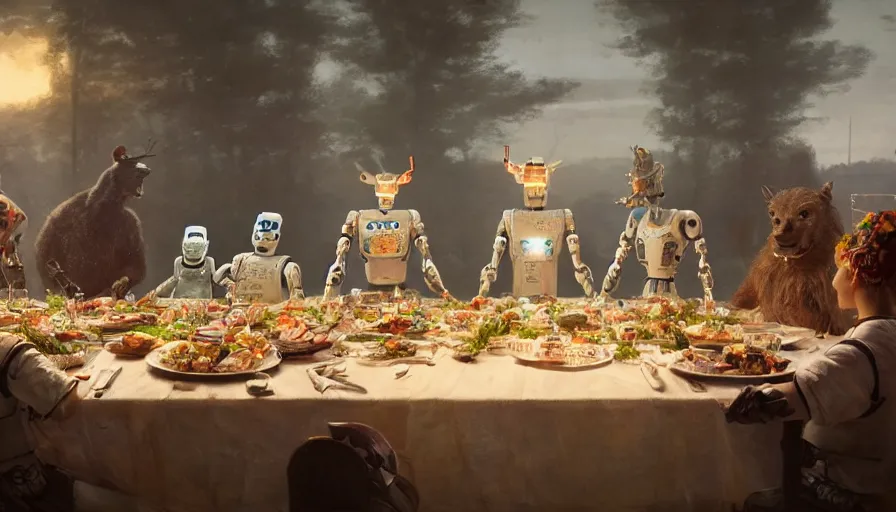 Prompt: a table dinner of robots where robots are dressed like the characters from the midsommar movie, ornate, sharp focus, wide shot, trending on artstation, masterpiece, by greg rutkowski, by ross tran, by fenghua zhong, octane, soft render, ultrarealistic, colorful, cinematic