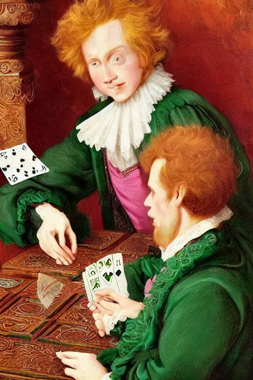 Prompt: intricate beautiful wide - shot, the handsome man, blonde reddish hair, in green and pink clothes of 1 7 th century, holds playing cards, in card's player by sezanne, matte painting, renaissance painting, by paul sezanne by leyendecker, by artgerm, rutkowskyi