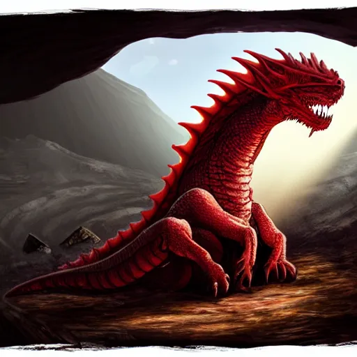 Image similar to photo of a large red scaly dragon sleeping on a giant pile of human bones in a dark dusty cave with a ray of light shining on it\'s face. Very detailed 8k. fantasy