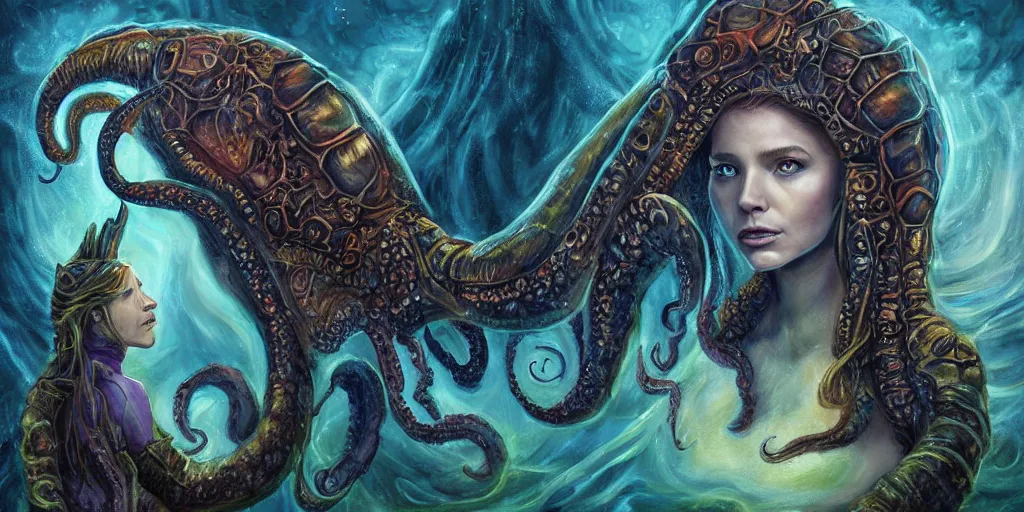 Image similar to Fantasy fairytale style portrait painting, Great Leviathan Turtle, cephalopod, Cthulhu Squid, hybrid, Mythic Island, center Universe, accompany Cory Chase, Blake Lively, Anya_Taylor-Joy, Grace Moretz, Halle Berry, Mystical Valkyrie, Anubis-Reptilian, Atlantean Warrior, hybrid, intense fantasy atmospheric lighting, digital oil painting, hyperrealistic, François Boucher, Michael Cheval, Oil Painting, Cozy, hot springs hidden Cave, candlelight, natural light, lush plants and flowers, Spectacular Mountains, bright clouds, luminous stellar sky, outer worlds, Jessica Rossier, michael whelan, William-Adolphe Bouguereau, HD,