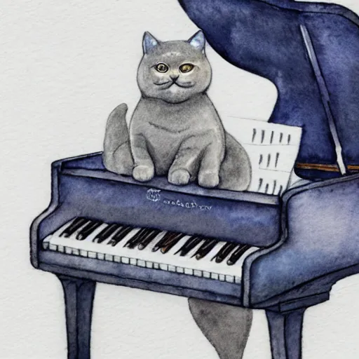 Prompt: grey british shorthair cat sitting on piano keys with musical notes in the background ultra detailed watercolor and color pencil painting 4 k