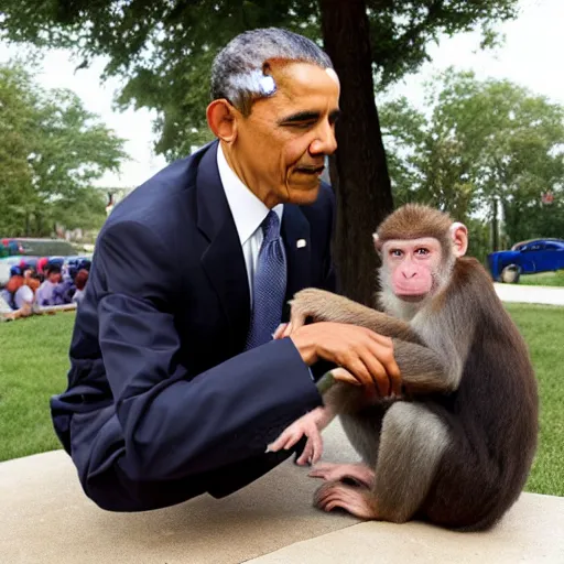 Image similar to Obama petting a cute monkey. Photo.