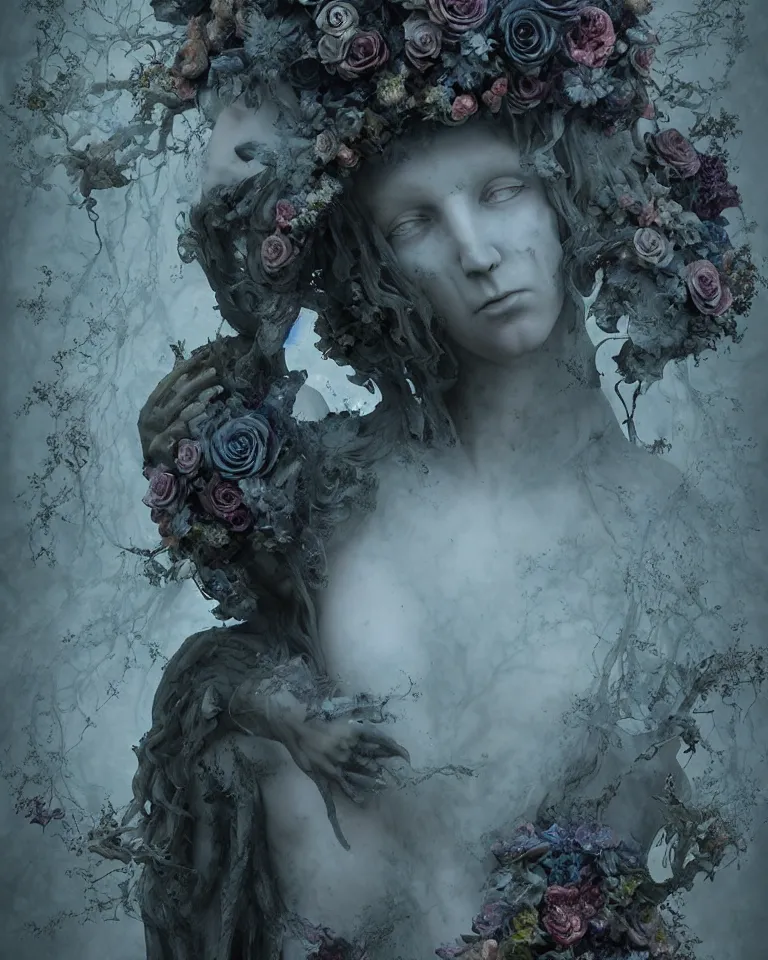 Image similar to portrait of a gothic cemetery statue made of mist and flowers, cosmic horror, mutating into mist, cinematic lightning, Andrew Ferez, Charlie Bowater, Marco Mazzoni, Seb McKinnon, Ryohei Hase, Alberto Seveso, Kim Keever, trending on cgsociety, featured on zbrush central, new sculpture, mystical