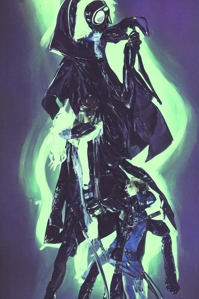 Prompt: concept art androgynous ninja in rocker tunic made of iridiscent fabric, radio goggles, iridiscent, cinematic lighting at night, iridiscent light, wet floors, neon, syd mead, tim walker, masterpiece, fashion design