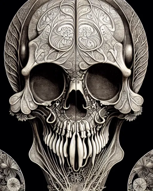 Image similar to art forms of nature by ernst haeckel, memento mori by arthur rackham, ornate antique porcelain beautiful skull mask, ultrasharp, photorealistic, hyperdetailed, octane render, polished, art nouveau, neo - gothic, gothic, intricate ornamental organic filigree, art nouveau botanicals, art forms of nature by ernst haeckel, horizontal symmetry, symbolist, visionary