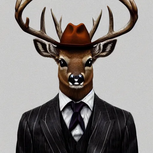 Image similar to a upper body portrait of a deer in a pinstriped suit and pants wearing a fedora with the antlers sticking out of the fedora by artgerm and wlop, intricate detail, digital art, photorealistic, trending on artstation