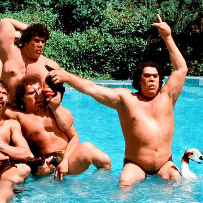 Prompt: andre the giant wearing a sequin speedo sitting by the pool with a goat and genghis khan from the movie bill & ted's excellent pool party, movie still, 8 k, realistic