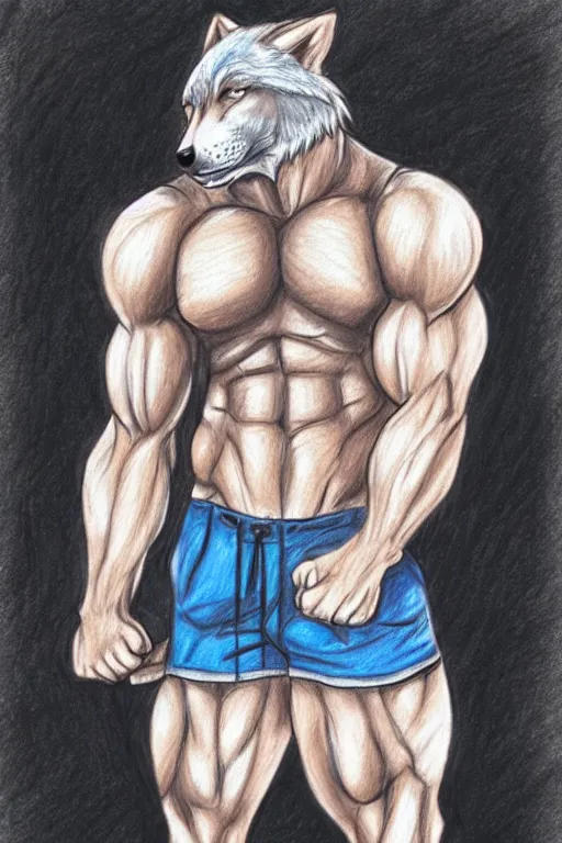 Image similar to master furry artist colored pencil drawing full body portrait character study of the anthro male anthropomorphic wolf fursona animal person wearing gym shorts bodybuilder at gym