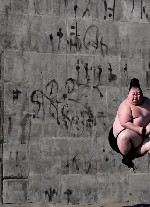 Prompt: A Sumo wrestler jumps 10 feet into the air over the berlin wall made of harry potter's village