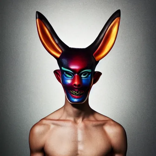 Prompt: an slim athletic beautiful male alien with ombre colored skin wearing a fine arts kitsune mask, photographed by erwin olaf for a fine art gallery