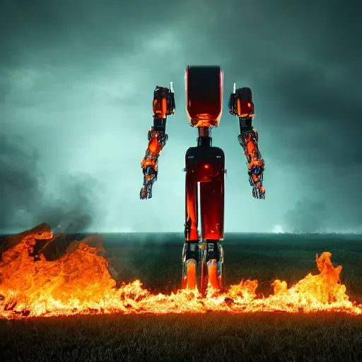 Prompt: a dramatic photo of a large futuristic robot bent on knees towards a burning field, photograph, smoke, dark, 8k, detailed