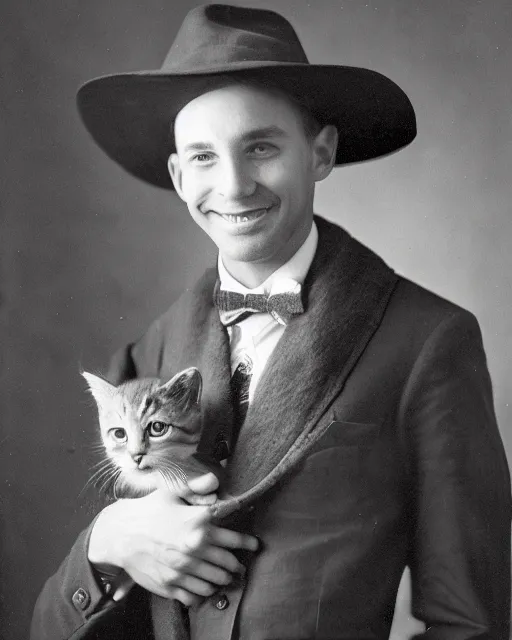 Prompt: gentlemen wearing a hat and wearing a baby sling on the back with a kitten in the sling, color studio portrait, golden ratio, backlit, happy, detailed eyes