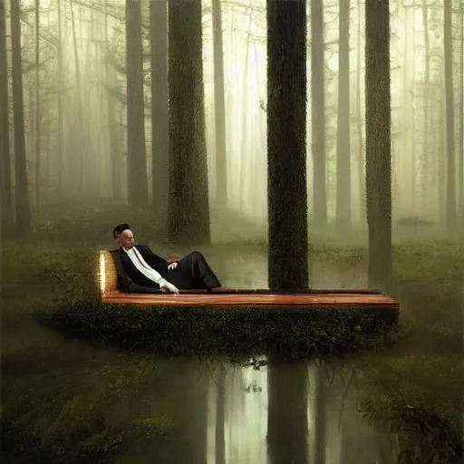 Prompt: detailed oil painting, hyper realistic | digital art, award winning | the businessman floats eerily in the misty forest, uneasy | by roberto ferri, by gustav klimt, by william waterhouse and tom bagshaw | trending on artstation, cgsociety, official art, octane, digitsl painting.