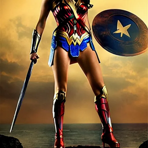 Prompt: Wonder Woman from Justice League movie with athletic body, Frank Frazetta painting