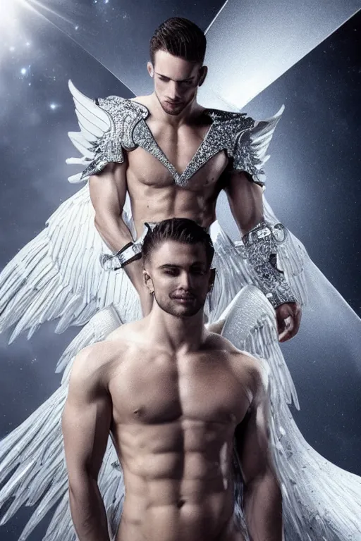 Prompt: white muscular angel with beautiful face, wearing diamond armor, shining light, jewelry, god rays