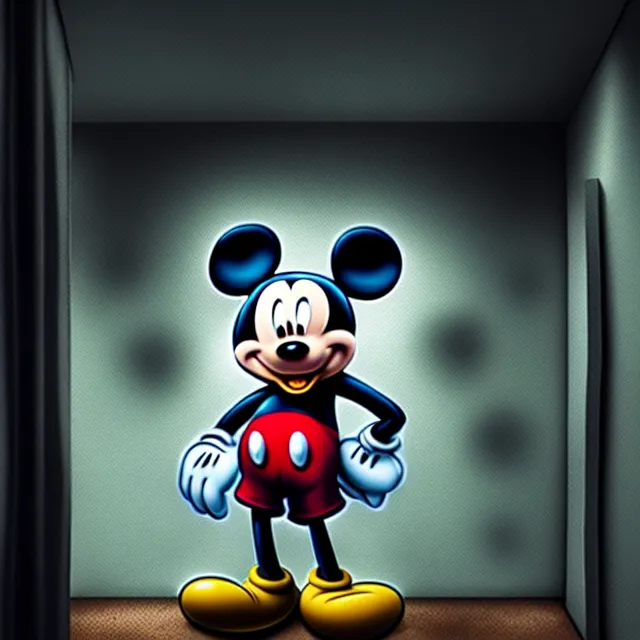 Prompt: Mickey Mouse in creepy Backrooms, best on artstation, cgsociety, ,epic, stunning, gorgeous, masterpiece photograph