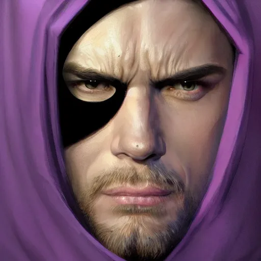 Image similar to ultra realistic illustration, man in a black hood, in a striped purple balaclava, mysterious, highly detailed, digital painting, artstation, concept art, smooth, sharp focus, illustration, art by artgerm and greg rutkowski and alphonse mucha